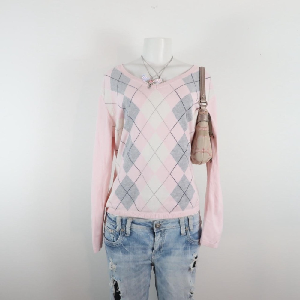 tommy hilfiger pink argyle sweater y2k - Picture 3 of 4